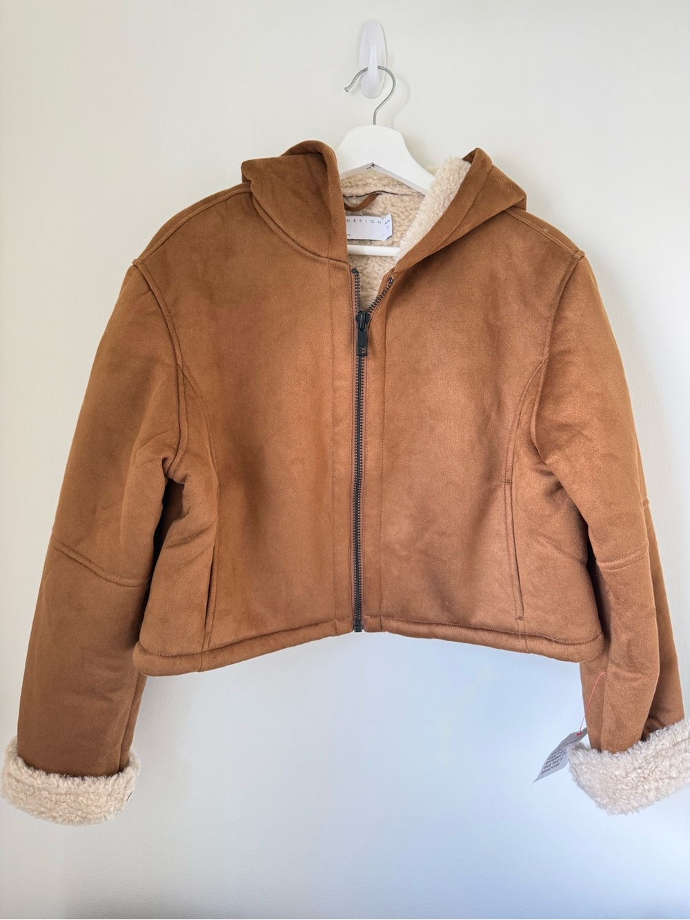 ASOS Design Faux Shearling Faux Suede Hooded Jacket Cropped Small Petite